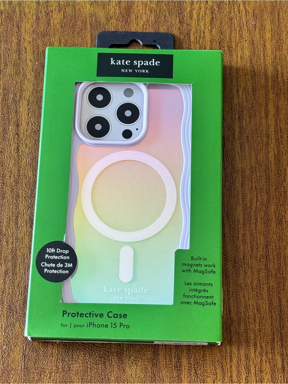 New Kate Spade iPhone 15 Pro MagSafe Case - Pastel Pink, Yellow & Green Gradient